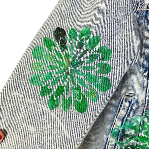 Handmade Jean Jacket Womens Small Denim Floral Mandala Blue Green Gold Upcycled - Picture 8 of 14